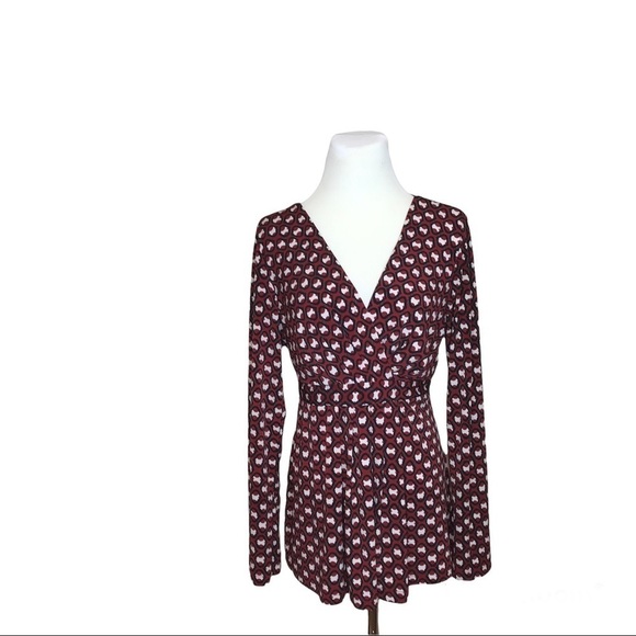 Daisy Fuentes Womens Size L V Neck Crossover Wrap Blouse Wine White Gray Knit - Picture 5 of 8